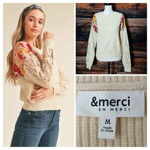 &Merci Sweater M Cream Floral Sheer Lace Sleeves 100% Viscose Rib Knit